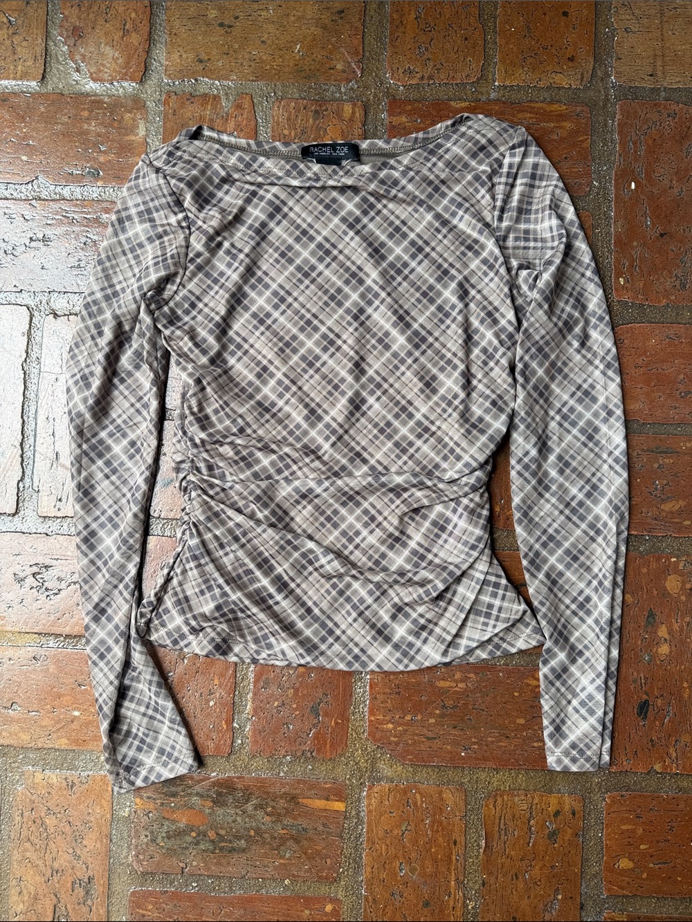 Rachel Zoe Taupe and Gray Plaid Long-Sleeve Ruched Top